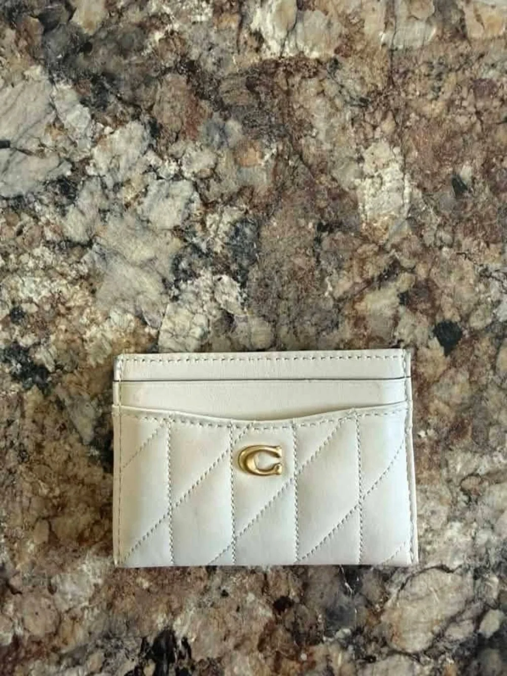 Coach Quilted Cream Leather Card Case with Gold 'C' Accent